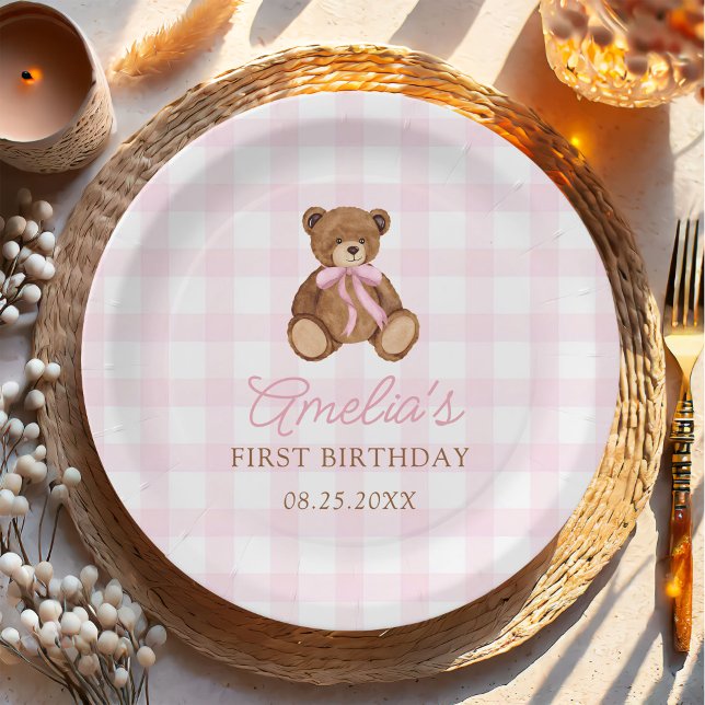 Pink Gingham Teddy Bear Beary First Birthday Paper Plate (Creator Uploaded)
