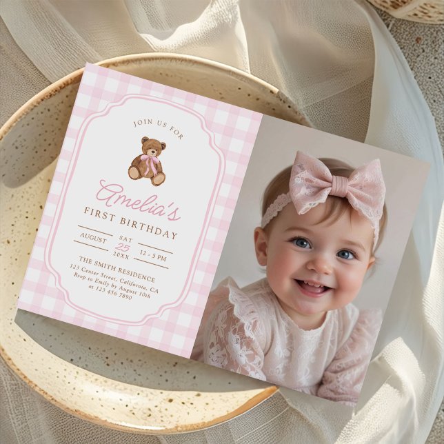 Pink Gingham Teddy Bear Beary First Birthday Photo Invitation (Creator Uploaded)
