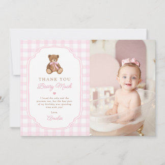 Pink Gingham Teddy Bear Beary First Birthday Photo Thank You Card
