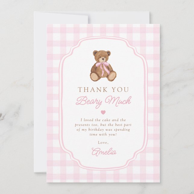 Pink Gingham Teddy Bear Beary First Birthday Thank You Card (Front)