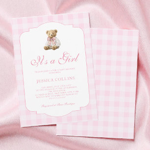 Pink Gingham Teddy Bear It's a Girl Baby Shower Invitation