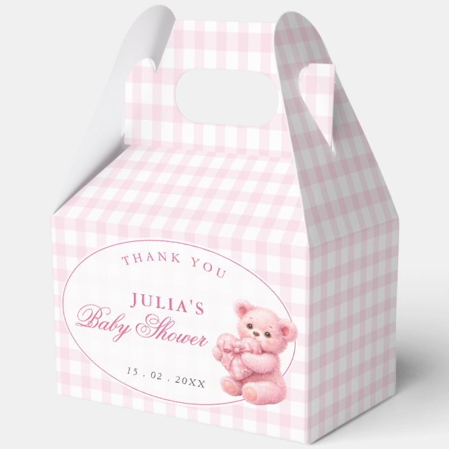 Pink Gingham Teddy Bear Neutral Baby Shower Favor Box (Front)