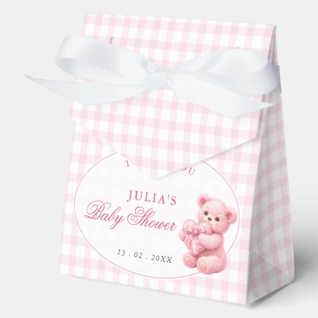 Pink Gingham Teddy Bear Neutral Baby Shower Favor Box (Front)