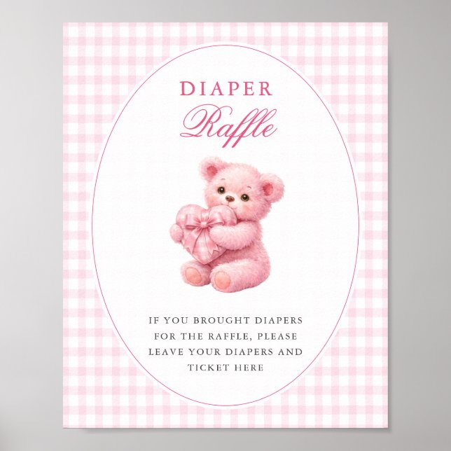 Pink Gingham Teddy Bear Neutral Baby Shower Poster (Front)
