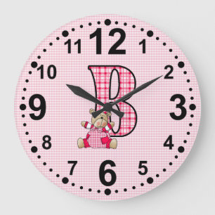 Pink Gingham Teddy Bear with Letter B Bold Numbers Large Clock