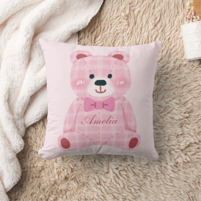 Pink Gingham Teddy Throw Pillow (Blanket)