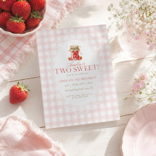 Pink Gingham Two Sweet Strawberry Birthday Invitation