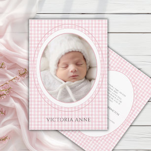 Pink Gingham Vintage Photo Birth Announcement