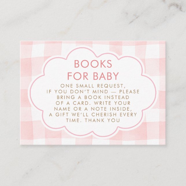 Pink Gingham Wavy Frame Books For Baby Request Enclosure Card (Front)