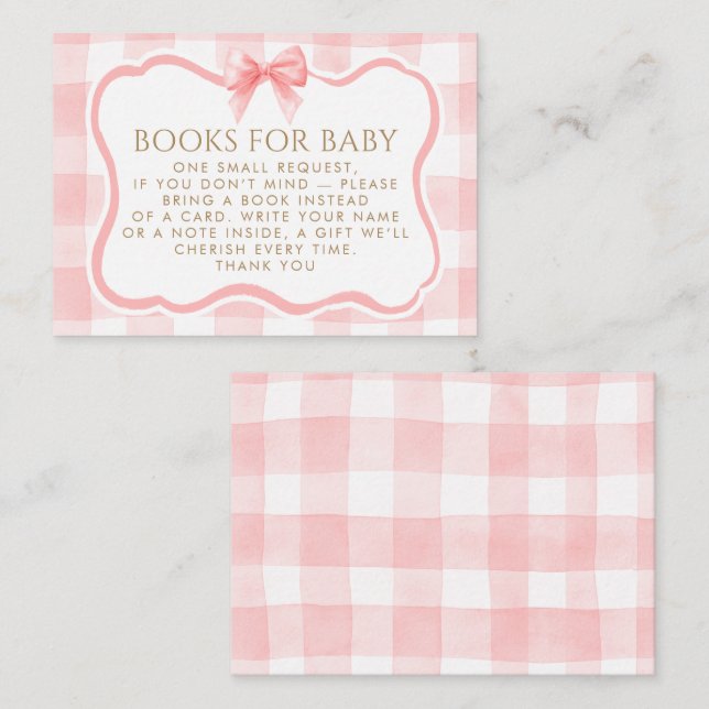 Pink Gingham Wavy Frame Bow Books For Baby Request Enclosure Card (Front/Back)