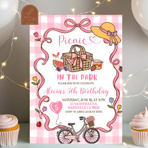  Pink Gingham Whimsical Picnic Birthday Invitation