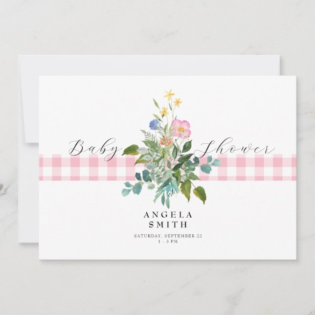 Pink Gingham Wildflower Baby Shower II Invitation (Front)