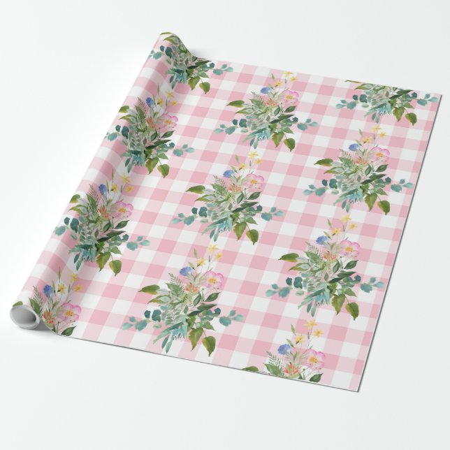 Pink Gingham Wildflower Baby Shower Wrapping Paper (Unrolled)