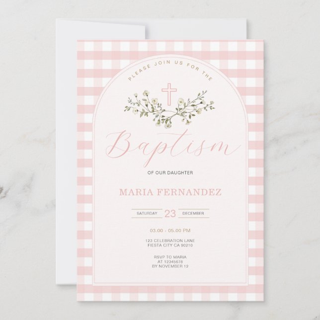Pink Gingham Wildflowers Christening Invitation (Front)