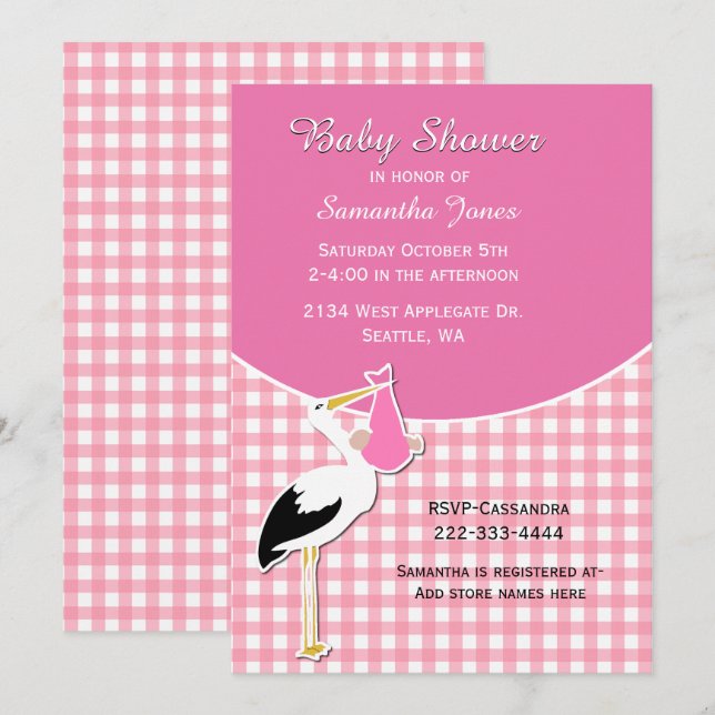Pink Gingham with Stork Baby Shower Invitation (Front/Back)