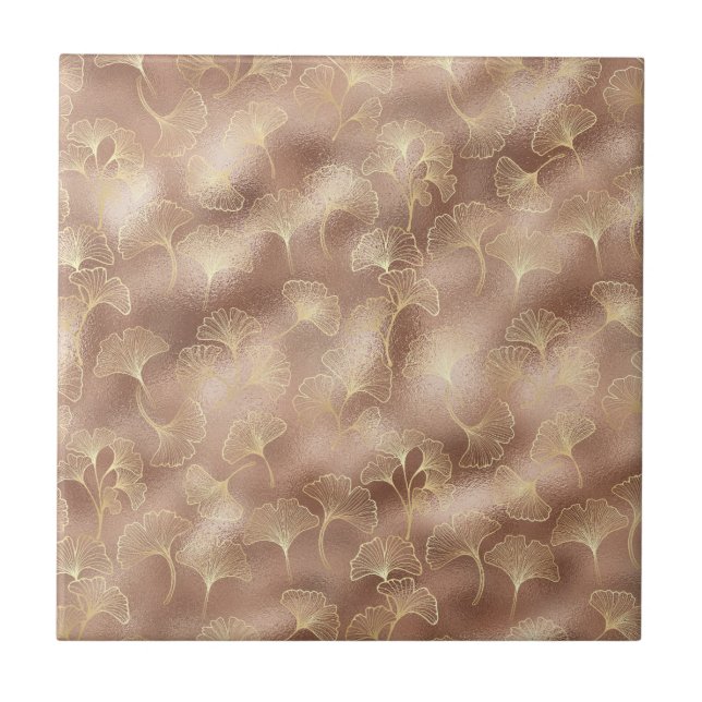 Pink Ginkgo Leaf with Luxe Gold Accents Tile (Front)