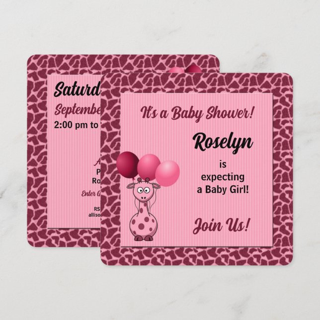 Pink Giraffe Animal Print Baby Shower Invitation (Front/Back)