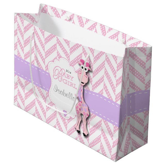 Pink Giraffe Baby Shower Large Gift Bag (Front Angled)