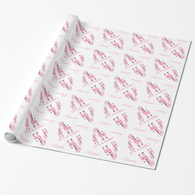 Pink Giraffe Baby Shower Wrapping Paper (Unrolled)