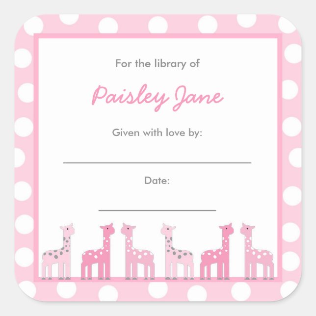 Pink Giraffe Bring a Book Baby Shower stickers (Front)