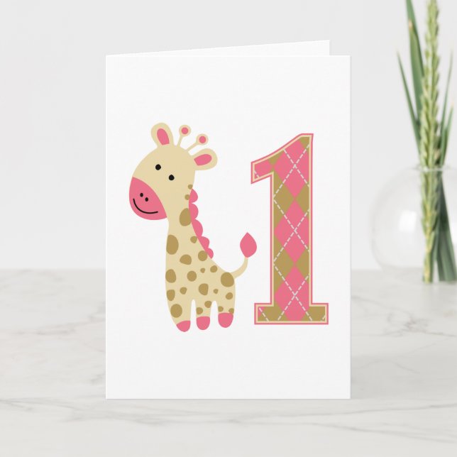 Pink Giraffe First Birthday Card (Front)