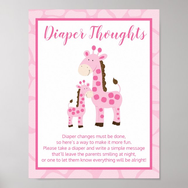 Pink Giraffe Girl Diaper Thoughts Baby Shower Game Poster (Front)