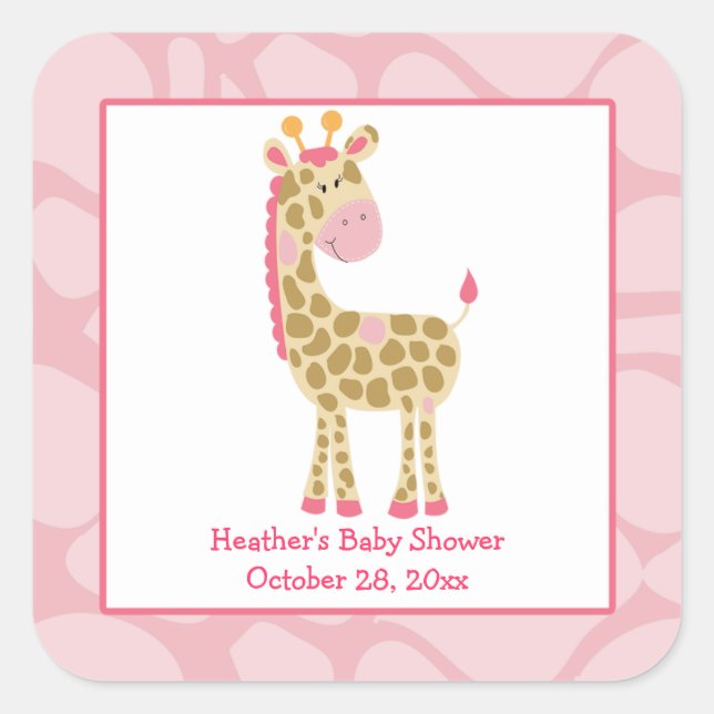 Pink Giraffe Girl Safari Square Favour Stickers (Front)