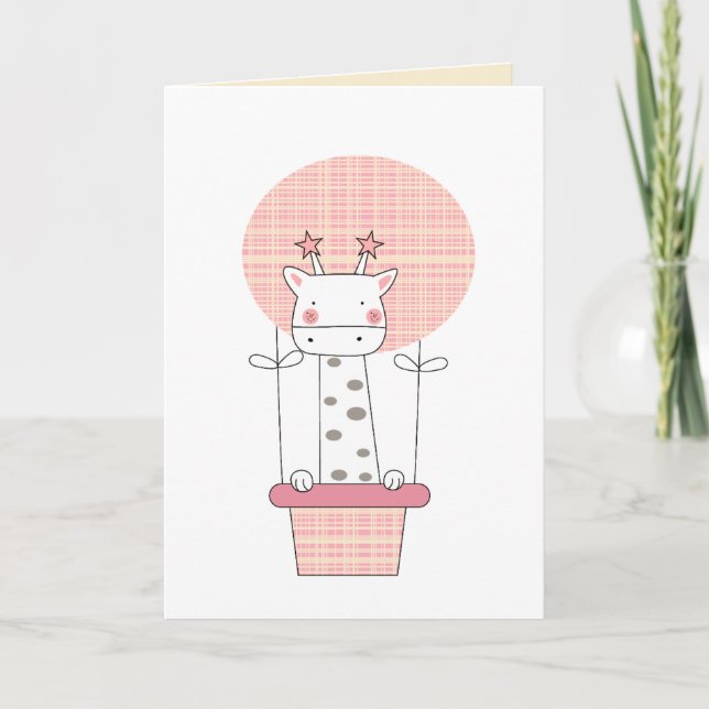 Pink Giraffe in Hot Air Balloon Girl 1st Birthday Card (Front)
