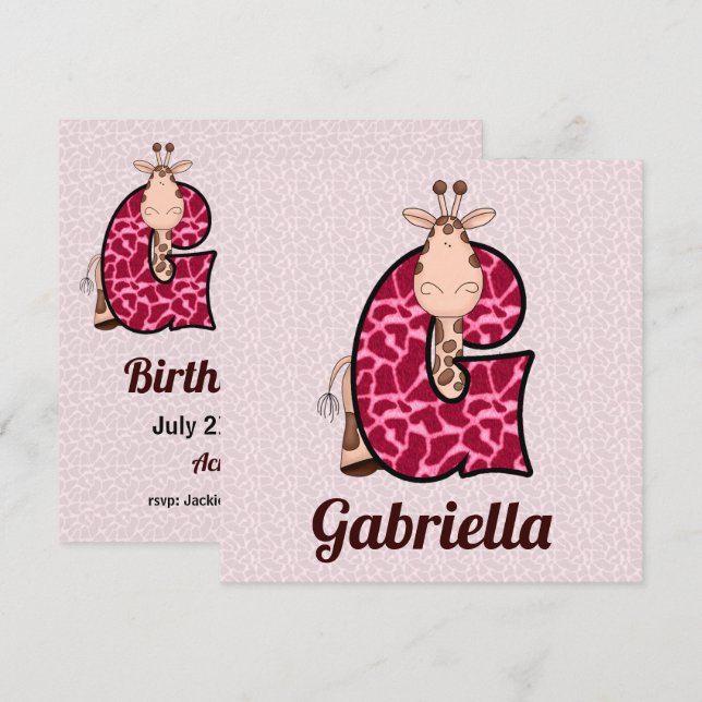 Pink Giraffe Letter G Birthday Party Invitation (Front/Back)