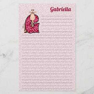 Pink Giraffe Mongrammed Letter G Girls Lined Stationery