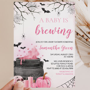 Pink Girl A Baby is Brewing Halloween Baby Shower Invitation