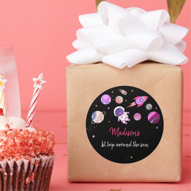 Pink Girl Astronaut Outer Space First Birthday Classic Round Sticker (Party)