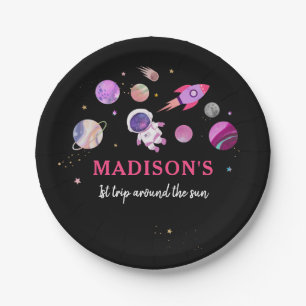 Pink Girl Astronaut Outer Space First Birthday Paper Plate