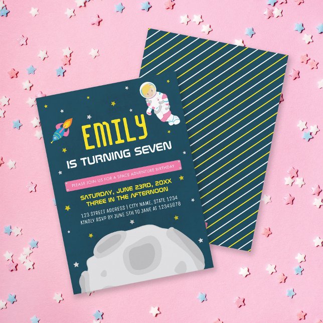 Pink Girl Astronaut Space Birthday Invitation (Creator Uploaded)