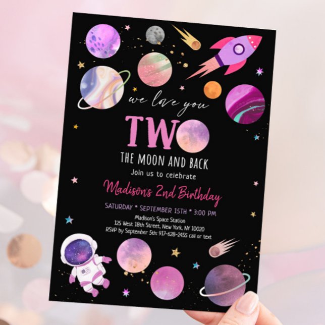 Pink Girl Astronaut Space Two The Moon Birthday Invitation (Creator Uploaded)