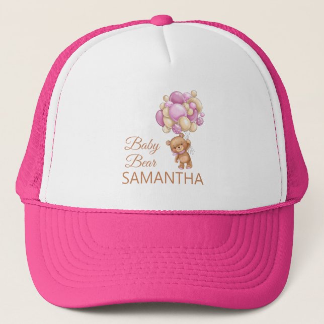 Pink GIRL Baby Bear Birthday Trucker Hat (Front)