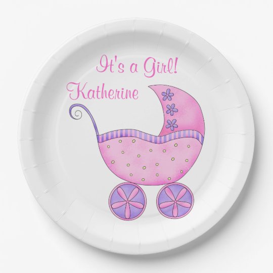 Pink Girl Baby Buggy Its a Girl Name Personalized Paper Plate