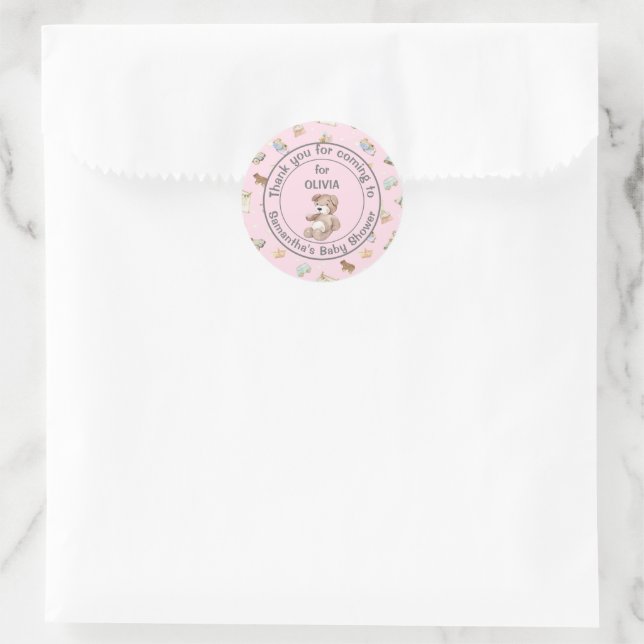 Pink Girl Baby Shower Favour, Thank You Classic Round Sticker (Bag)