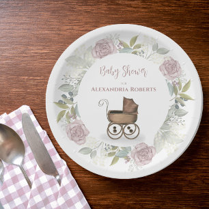 Pink Girl Baby Shower Floral Vintage Custom Paper Plate