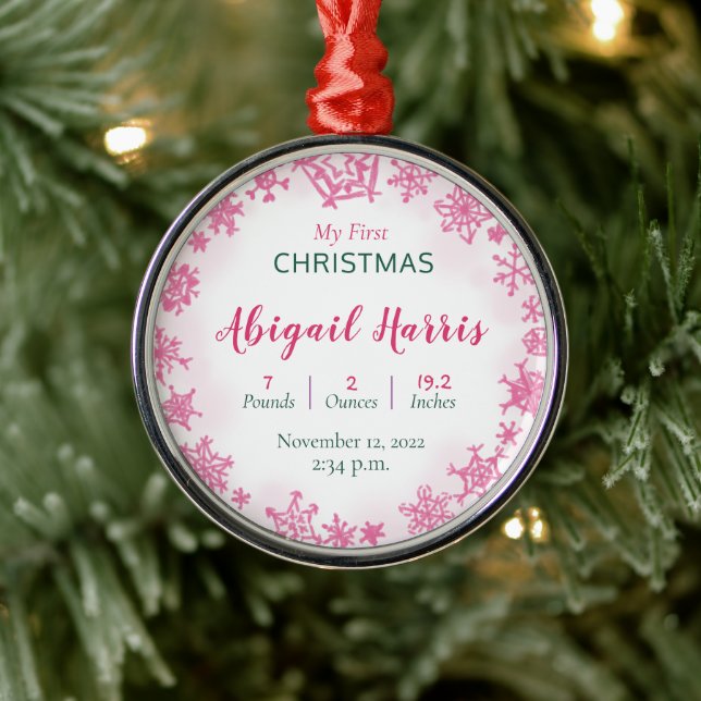 Pink Girl Baby's Very First Christmas Birth Stats  Metal Ornament (Tree)