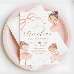 Pink Girl Ballerina 1st Birthday Party Invitation