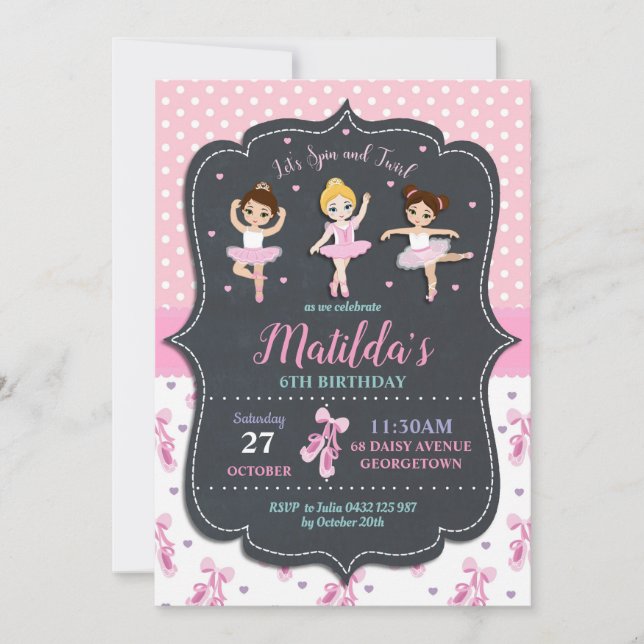 Pink Girl Ballerina Birthday Tutu Ballet Dance Invitation (Front)
