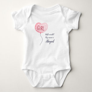 Pink Girl Balloon, Hello World and Name Baby Bodysuit