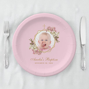Pink Girl Baptism Photo Orchids Floral Geometric Paper Plate