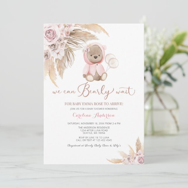 Pink Girl Boho Bear Baby Shower Invitation  (Standing Front)