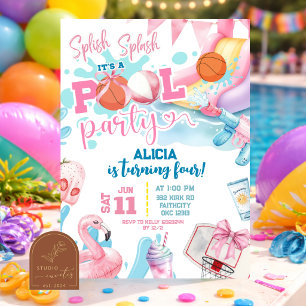 Pink Girl Bow Basketball Pool Party Birthday Invitation