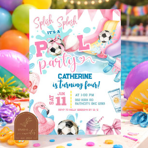  Pink Girl Bow Soccer Pool Party Birthday Invitati Invitation