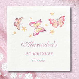 Pink Girl Butterfly 1st Birthday Party Napkin