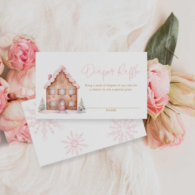Pink Girl Christmas Diaper Raffle Ticket Enclosure Card (Pink Winter Gingerbread House Baby shower Diaper Raffle Ticket)
