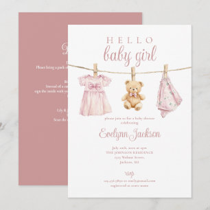 Pink Girl Clothesline Baby Shower All In One Invitation